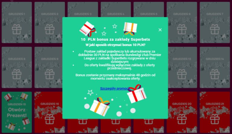 15 Swiateczny Kalendarz Superbet 10 PLN bonus za zaklady Superbets