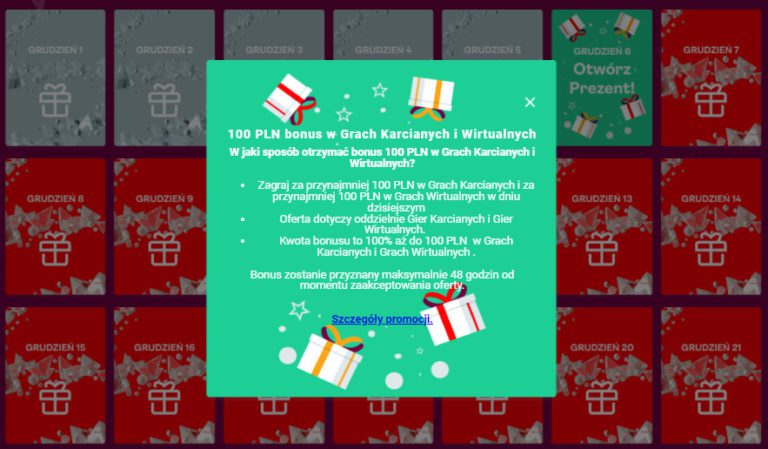 6 Kalendarz Adwentowy Superbet 100 PLN bonus na Karcianki i Wirtualki