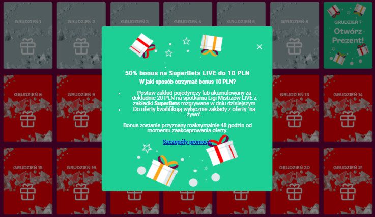 7 Kalendarz Adwentowy Superbet 50 bonus na SuperBets LIVE do 10 PLN