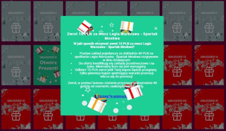 8 Kalendarz Adwentowy Superbet zwrot za mecz Legia Spartak