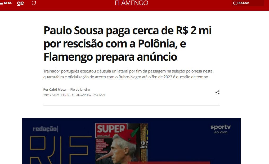 Brazylijskie media Paulo Sousa rozwiazal kontrakt z PZPN. Mial juz oplacic kare umowna.
