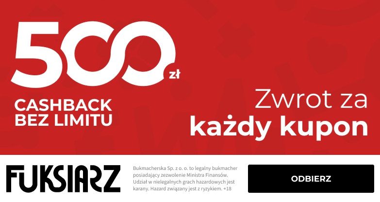 Cashback BEZ LIMITU w Fuksiarz do 500 zl zwrotu za kazdy przegrany kupon