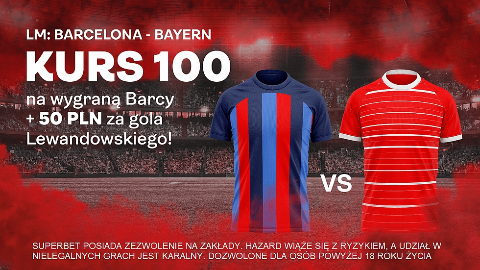 superbet Kurs 100 na wygrana Barcelony z Bayernem 50 PLN za gola Lewandowskiego