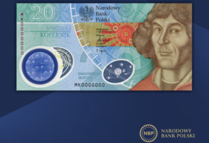 Mikolaj Kopernik banknot polimerowy i moneta NBP.