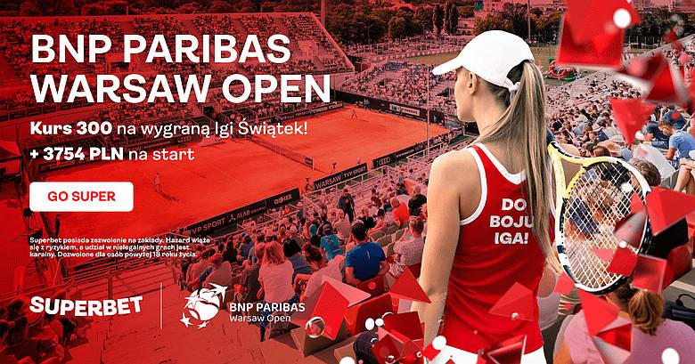 Bonus 600 PLN za wygranie turnieju lub dowolnego meczu BNP Paribas Warsaw Open przez Igę Świątek w SUperbet