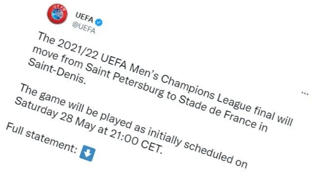 UEFA przenosi final Ligi Mistrzow z Sankt Petersburga do Saint Denis na Stade de France