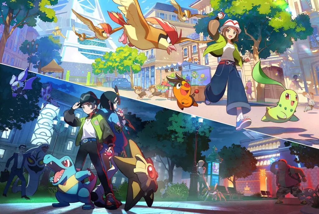Artwork Showing Daytime And Nighttime Urban Scenes With Pokemon Trainers And Various Pokemon Including Pidgey Tepig Chikorita Totodile And Staryu