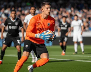 Bramkarz Trzymajacy Futbolowke Podczas Meczu Pilki Noznej