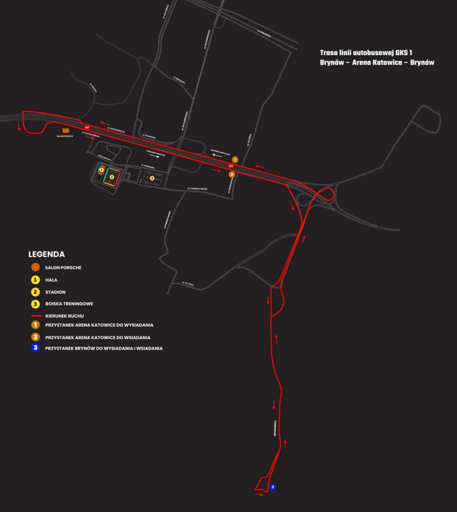 Mapa Linii Autobusowej GKS1 1 Dojazd Darmowymi Autobusami Na Mecz GKS Katowice – Rakow Czestochowa Na Arenie Katowice