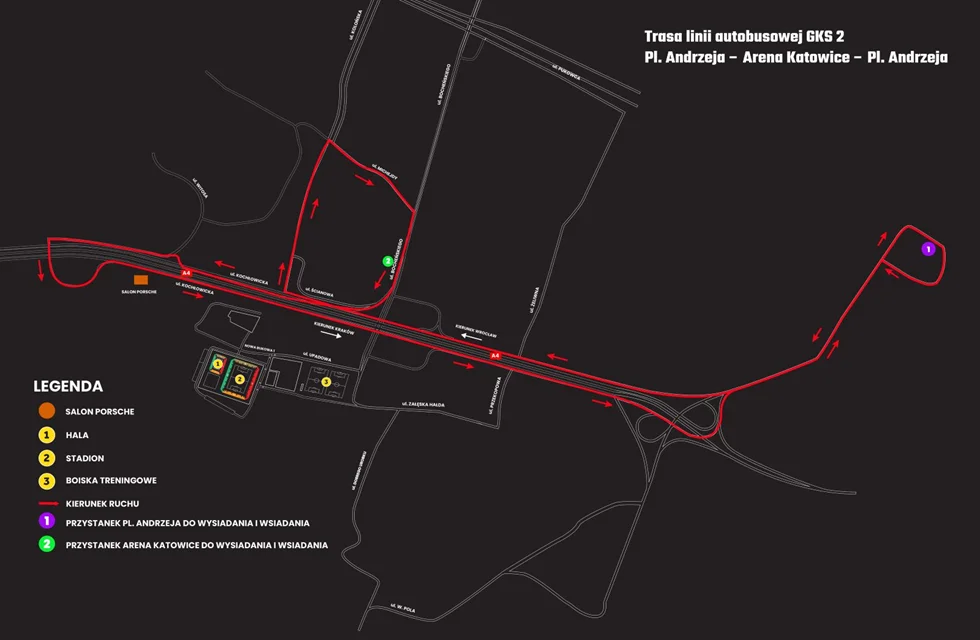 Mapa Linii Autobusowej GKS2 1 Dojazd Darmowymi Autobusami Na Mecz GKS Katowice – Rakow Czestochowa Na Arenie Katowice