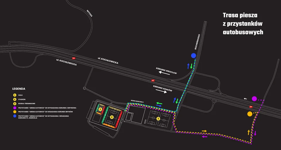 Mapa Trasa Z Przystankow Autobusowych 1 Dojazd Darmowymi Autobusami Na Mecz GKS Katowice – Rakow Czestochowa Na Arenie Katowice