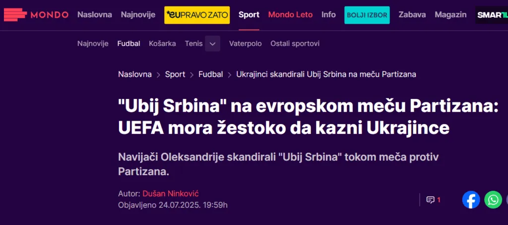 Ubij Srbina Na Evropskom Mecu Partizana