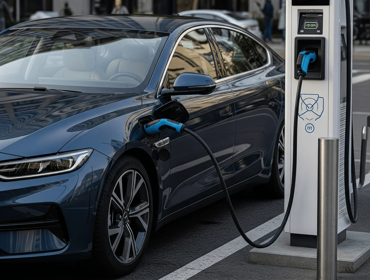 Samochodu Elektrycznego Podczas Ladowania Na Stacji Ladowania