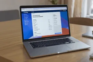 Laptop Na Stole W Mieszkaniu. Na Ekranie Laptopa Widac Otwarta Strone Z Konto Bankowe 1