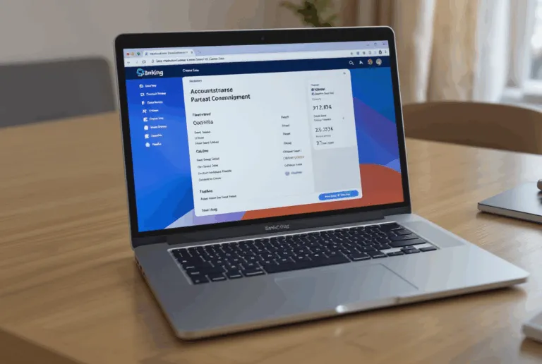Laptop Na Stole W Mieszkaniu. Na Ekranie Laptopa Widac Otwarta Strone Z Konto Bankowe 1