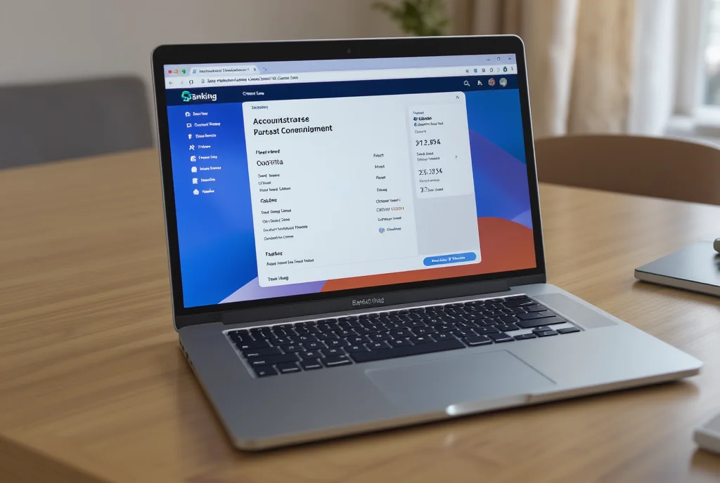 Laptop Na Stole W Mieszkaniu. Na Ekranie Laptopa Widac Otwarta Strone Z Konto Bankowe 1