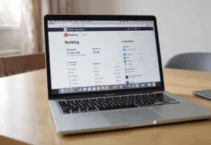 Laptop Na Stole W Mieszkaniu. Na Ekranie Laptopa Widac Otwarta Strone Z Konto Bankowe