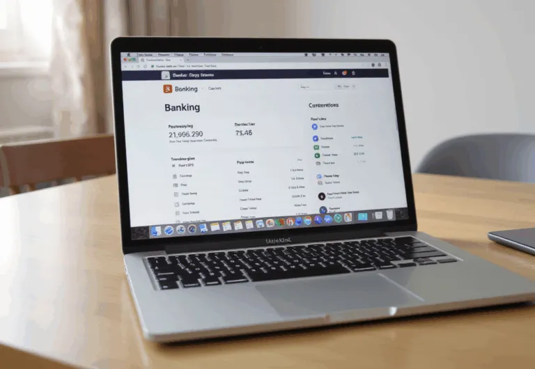 Laptop Na Stole W Mieszkaniu. Na Ekranie Laptopa Widac Otwarta Strone Z Konto Bankowe