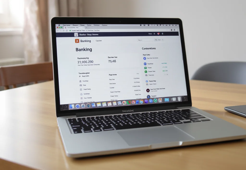 Laptop Na Stole W Mieszkaniu. Na Ekranie Laptopa Widac Otwarta Strone Z Konto Bankowe