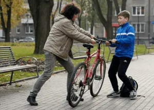 Kobieta Szarpie Za Rower Z Dzieckiem