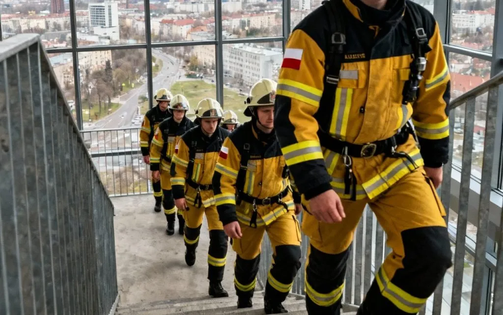 Strazacy Z Polski Wchodza Po Schodach