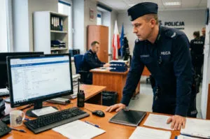 Policjant Stojacy Nad Komputerem Na Biurku
