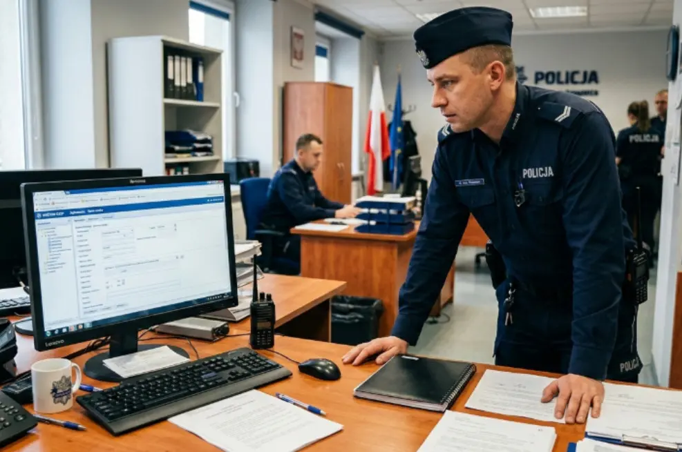 Policjant Stojacy Nad Komputerem Na Biurku